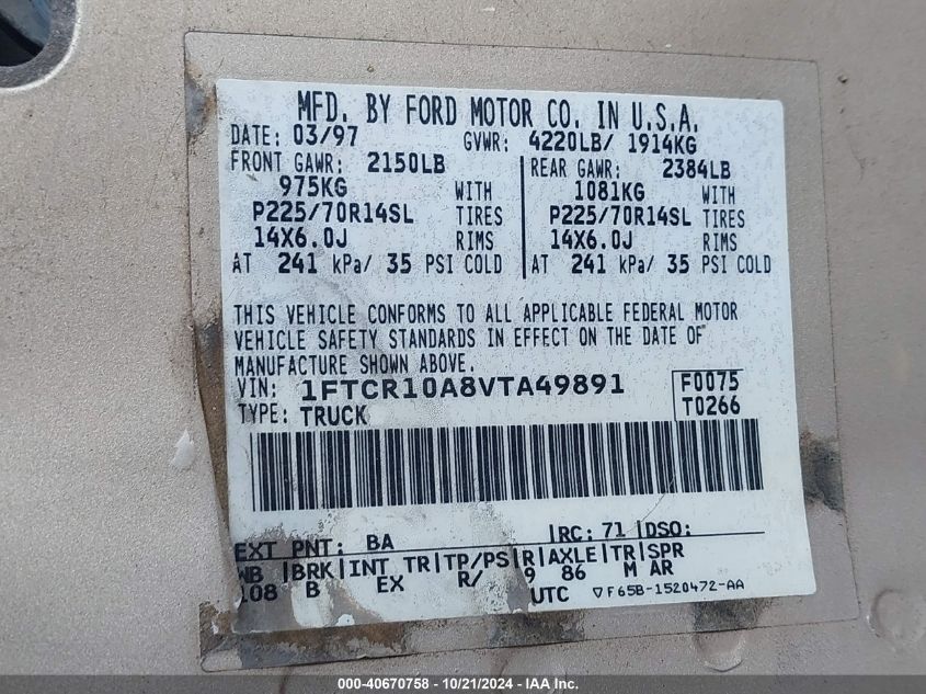 1997 Ford Ranger Splash/Xl/Xlt VIN: 1FTCR10A8VTA49891 Lot: 40670758