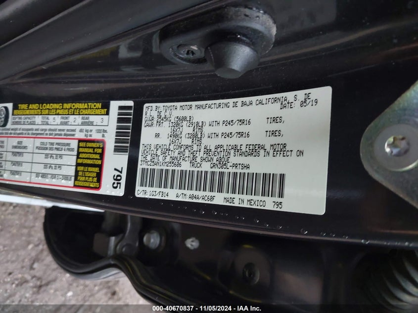 2019 TOYOTA TACOMA VIN: 3TMCZ5AN1KM255606