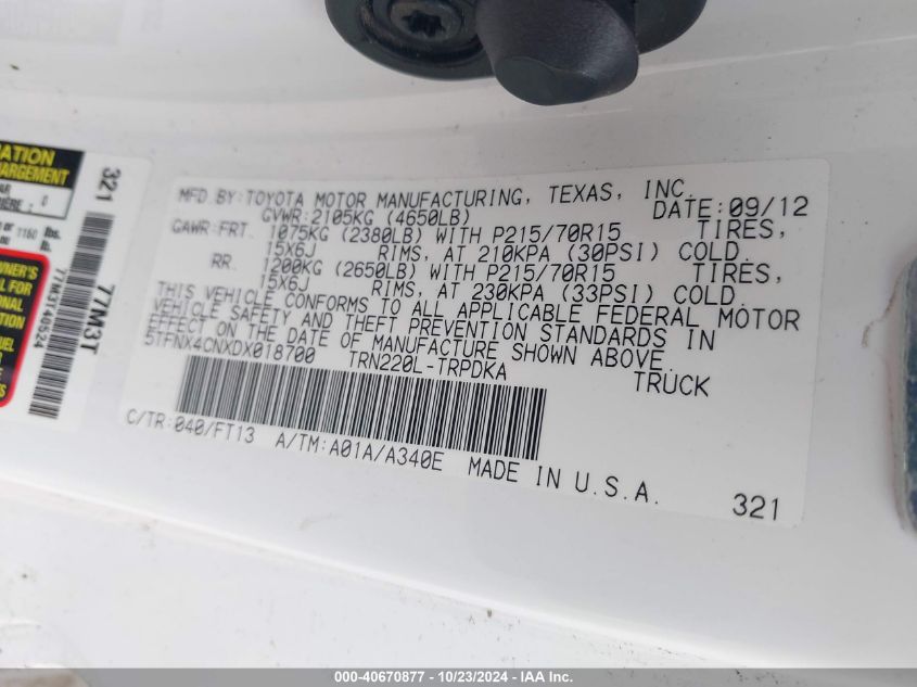 2013 Toyota Tacoma VIN: 5TFNX4CNXDX018700 Lot: 40670877