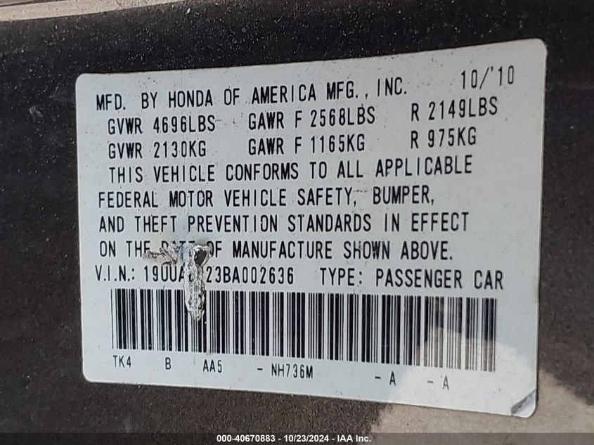 2011 Acura Tl 3.5 VIN: 19UUA8F23BA002636 Lot: 40670883