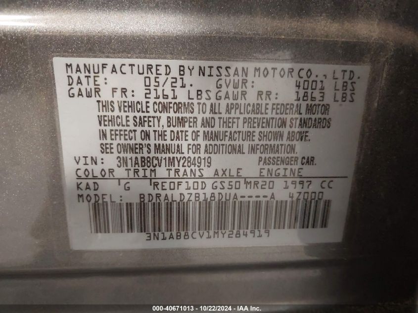 2021 Nissan Sentra Sv Xtronic Cvt VIN: 3N1AB8CV1MY284919 Lot: 40671013