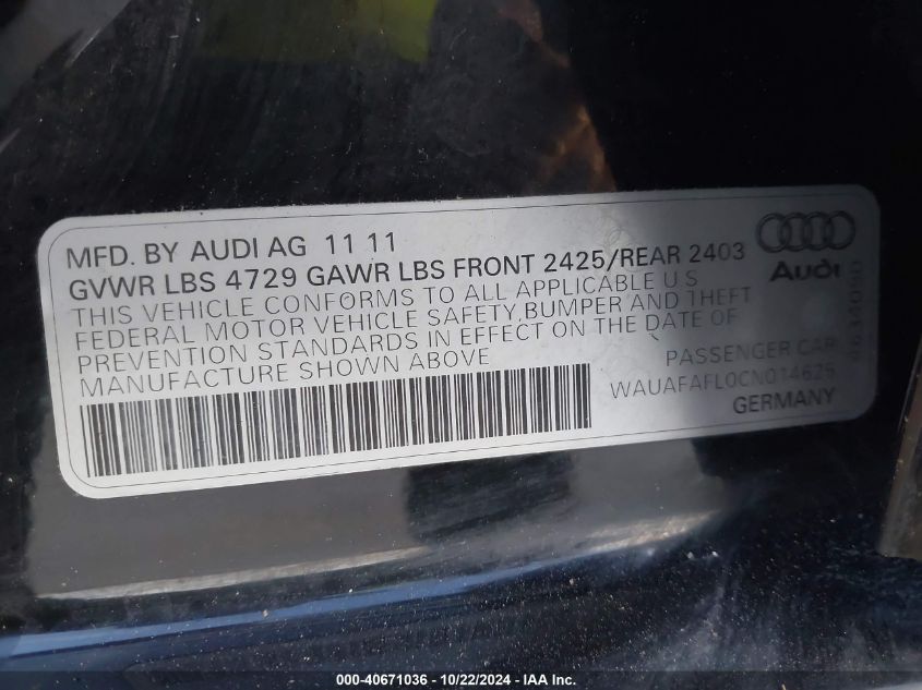 2012 Audi A4 2.0T Premium VIN: WAUAFAFL0CN014625 Lot: 40671036