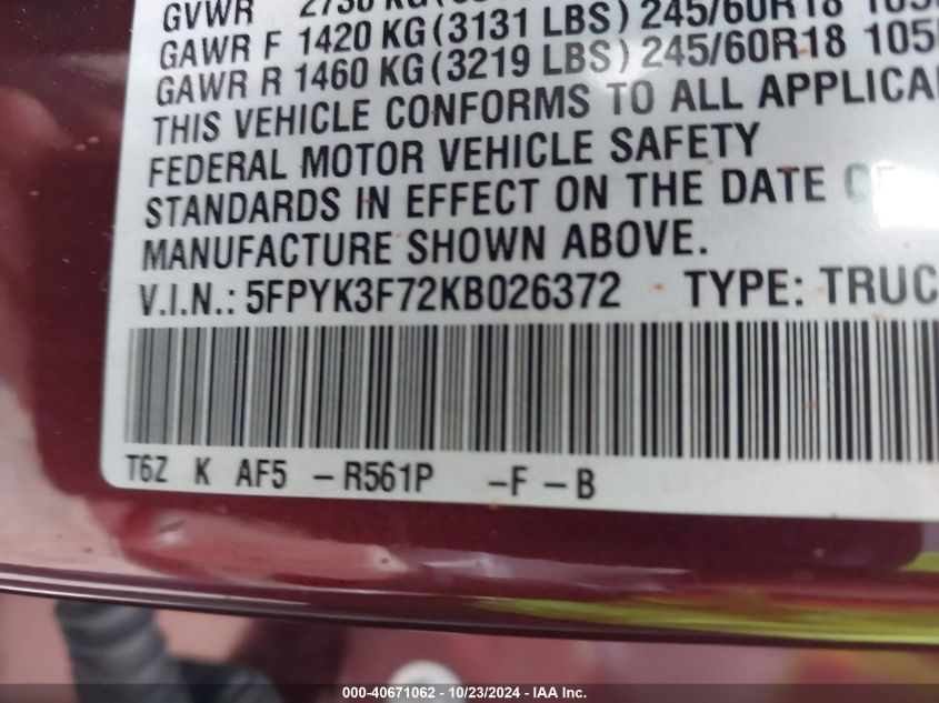 2019 HONDA RIDGELINE RTL-E - 5FPYK3F72KB026372