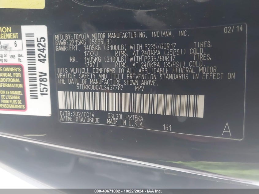 2014 Toyota Sienna Le V6 8 Passenger VIN: 5TDKK3DC7ES457787 Lot: 40671082