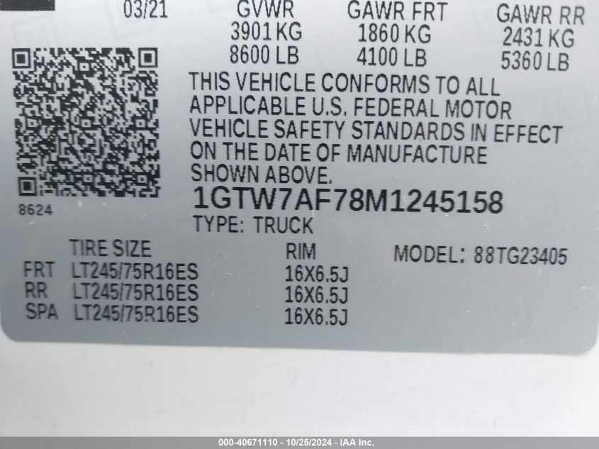 2021 GMC Savana Cargo Rwd 2500 Regular Wheelbase Work Van VIN: 1GTW7AF78M1245158 Lot: 40671110