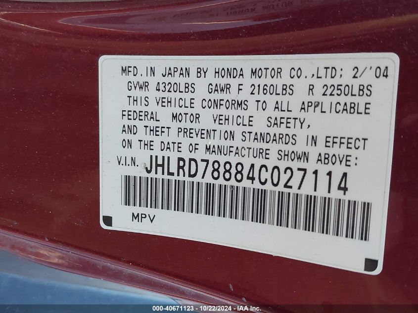 2004 Honda Cr-V Ex VIN: JHLRD78884C027114 Lot: 40671123