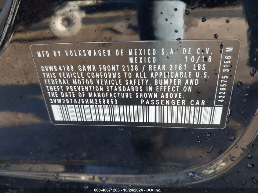 VIN 3VW2B7AJ5HM258653 2017 VOLKSWAGEN JETTA 1.4T S