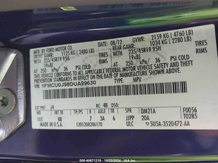 2013 Ford Escape Titanium VIN: 1FMCU0J98DUA99630 Lot: 40671219