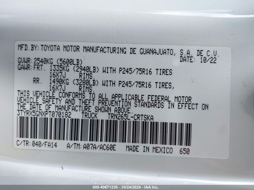 2023 Toyota Tacoma Sr VIN: 3TYRX5GNXPT070182 Lot: 40671235