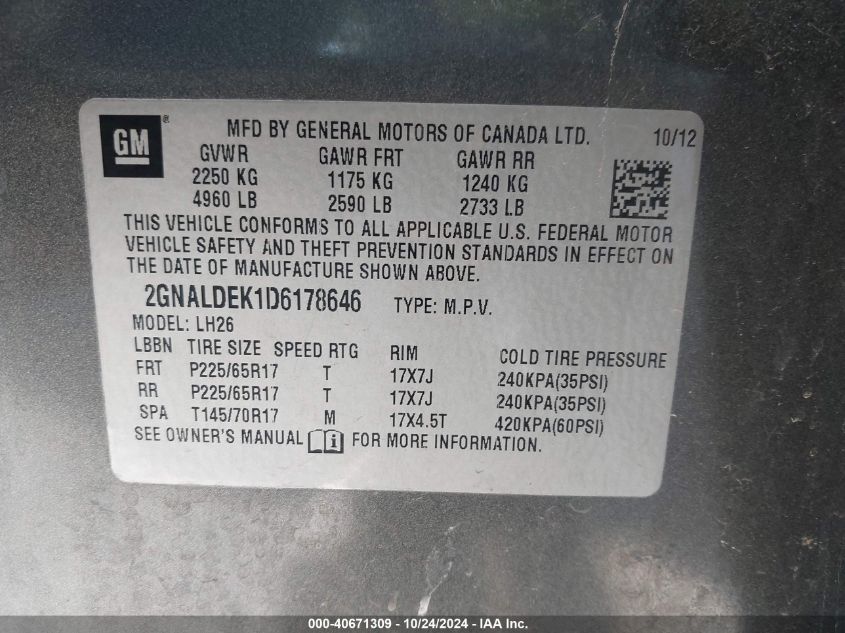 VIN 2GNALDEK1D6178646 2013 Chevrolet Equinox, 1LT no.9