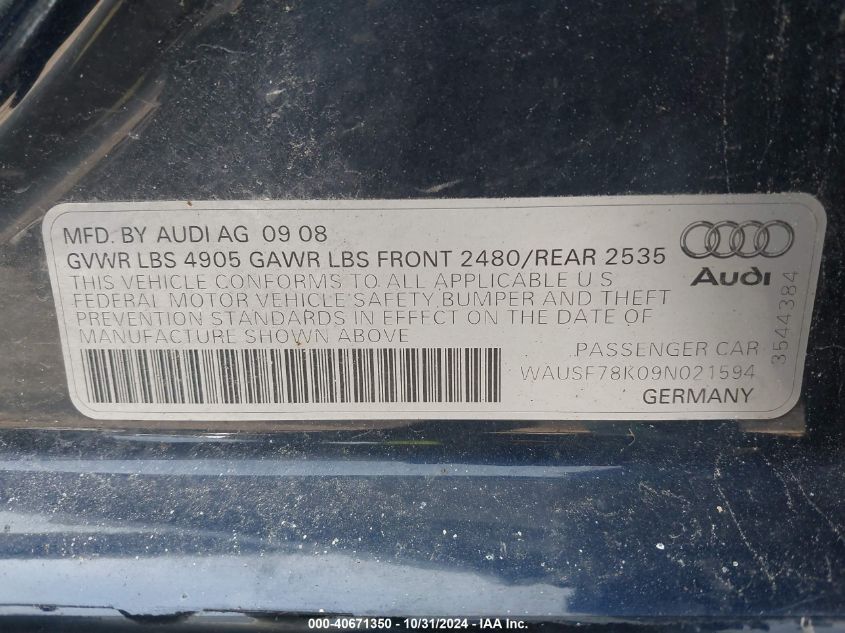 2009 Audi A4 2.0T Premium VIN: WAUSF78K09N021594 Lot: 40671350