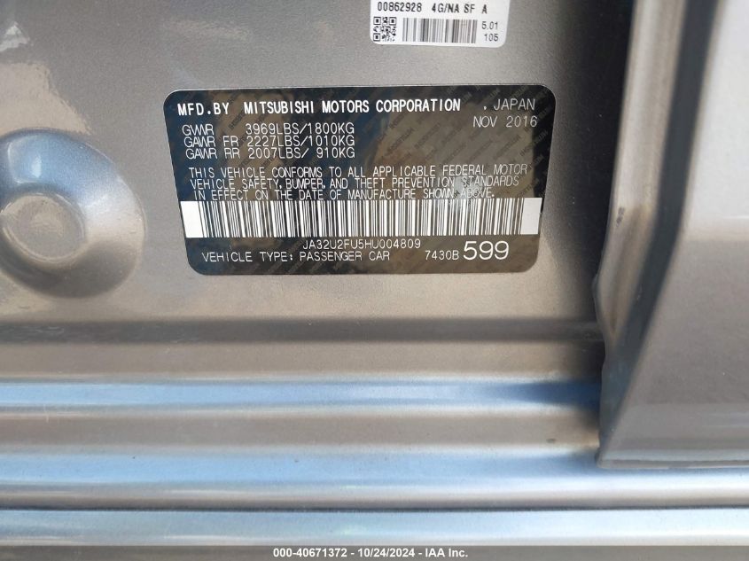 2017 Mitsubishi Lancer Es VIN: JA32U2FU5HU004809 Lot: 40671372