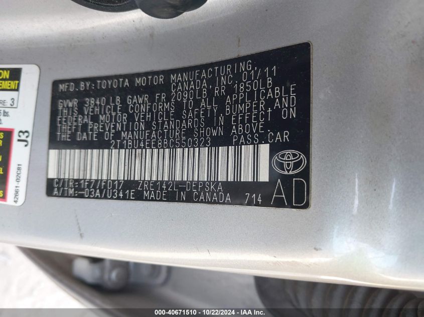 2011 Toyota Corolla S VIN: 2T1BU4EE8BC550323 Lot: 40671510