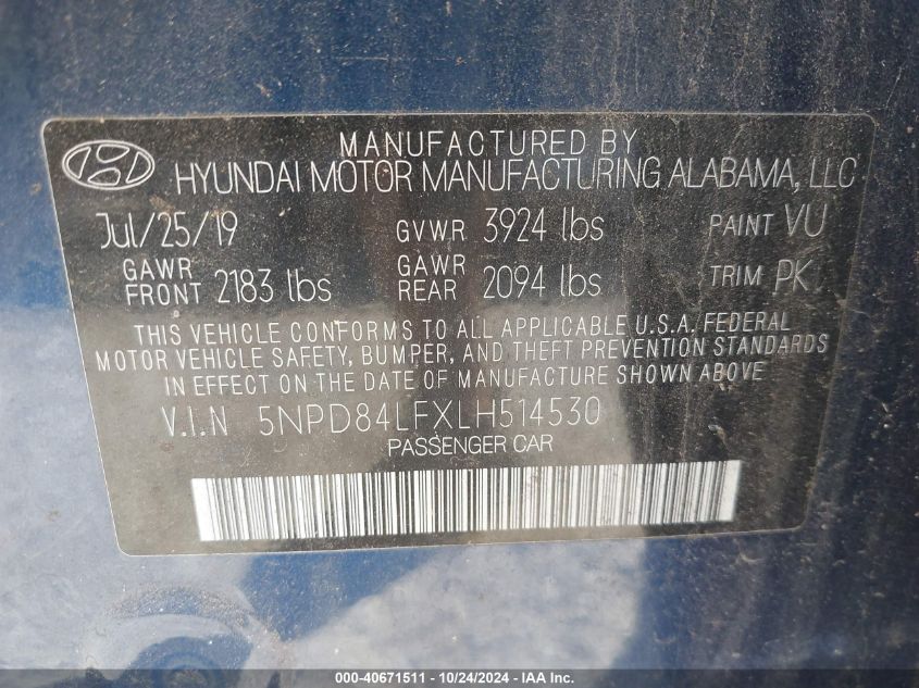 2020 Hyundai Elantra Sel/Value/Limited VIN: 5NPD84LFXLH514530 Lot: 40671511