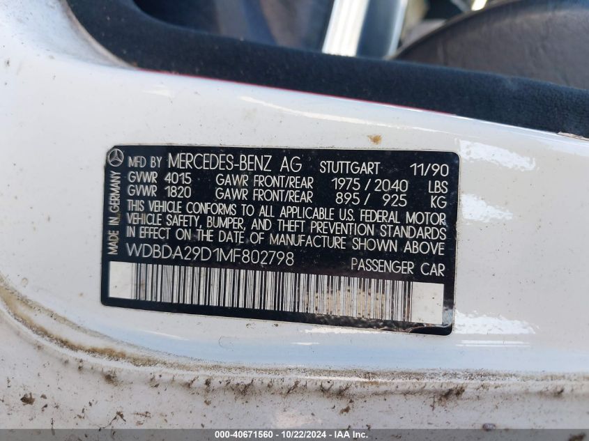 1991 Mercedes-Benz 190 E 2.6 VIN: WDBDA29D1MF802798 Lot: 40671560