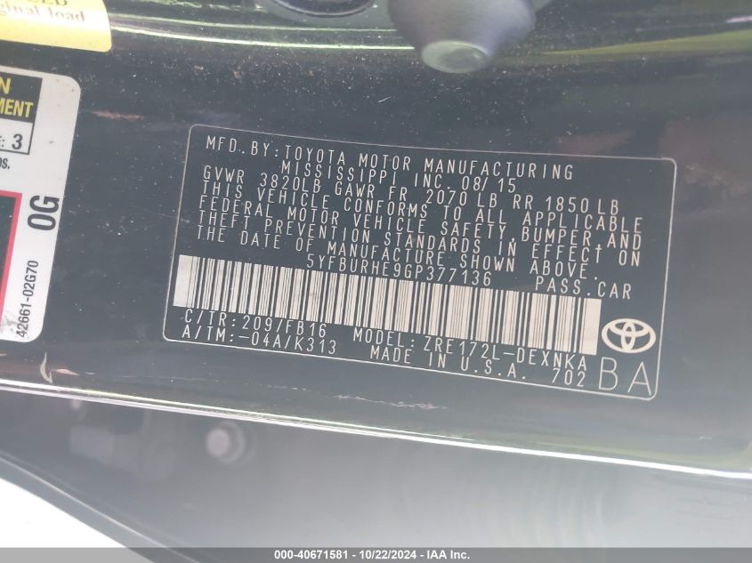 2016 TOYOTA COROLLA LE - 5YFBURHE9GP377136