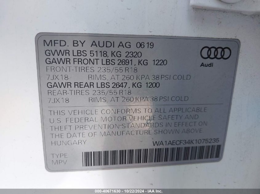 2019 AUDI Q3 2.0T PREMIUM - WA1AECF34K1075235