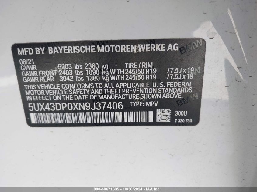 2022 BMW X3 Sdrive30I VIN: 5UX43DP0XN9J37406 Lot: 40671695