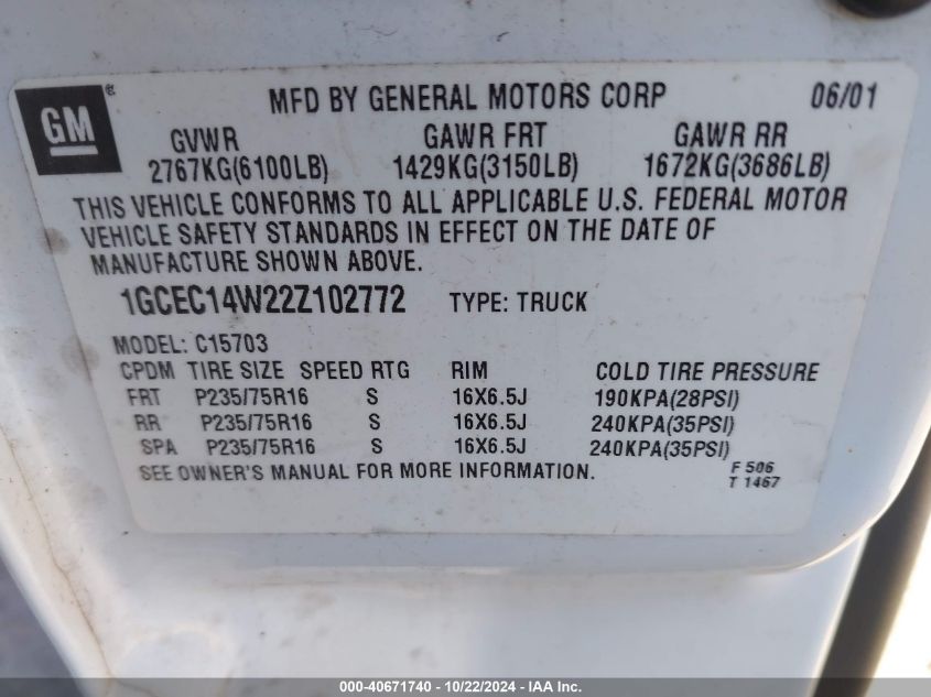 2002 Chevrolet Silverado 1500 VIN: 1GCEC14W22Z102772 Lot: 40671740