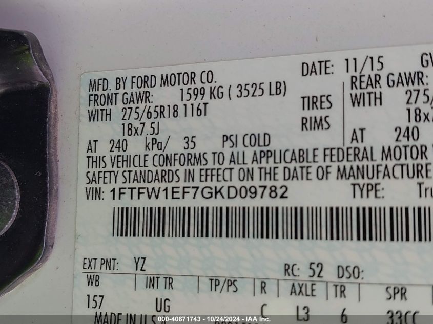 2016 Ford F-150 Xlt VIN: 1FTFW1EF7GKD09782 Lot: 40671743