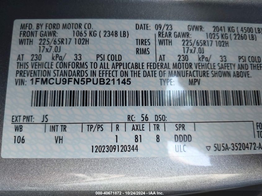 2023 Ford Escape VIN: 1FMCU9FN5PUB21145 Lot: 40671872