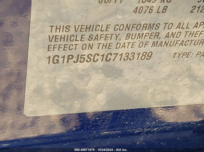 2012 Chevrolet Cruze Eco VIN: 1G1PJ5SC1C7133189 Lot: 40671879