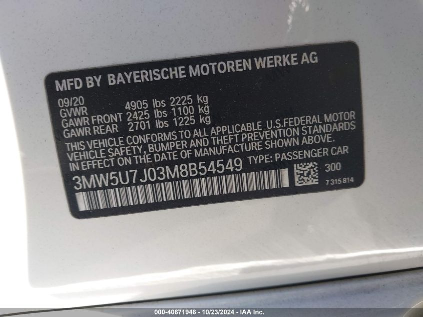 2021 BMW 3 Series M340I VIN: 3MW5U7J03M8B54549 Lot: 40671946