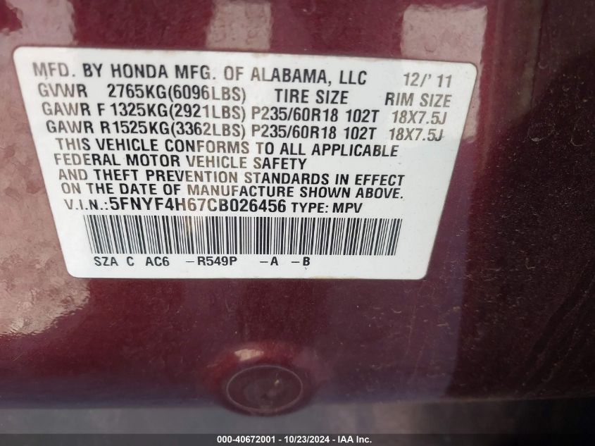 Image 9 of 2012 HONDA PILOT  salvage vehicle - Lot #40672001 at IAAI