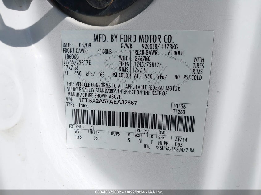 2010 Ford F-250 Lariat/Xl/Xlt VIN: 1FTSX2A57AEA32667 Lot: 40672002