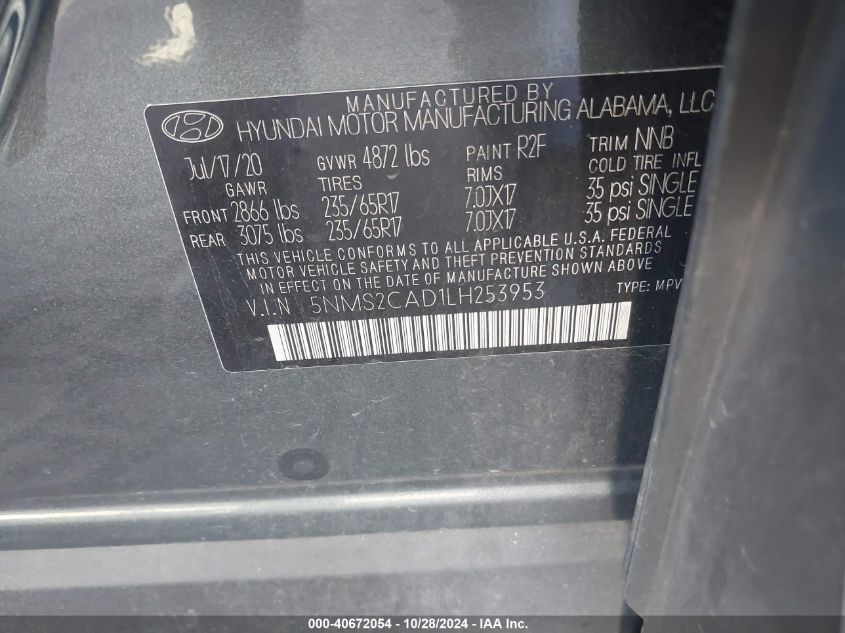 2020 Hyundai Santa Fe Se VIN: 5NMS2CAD1LH253953 Lot: 40672054