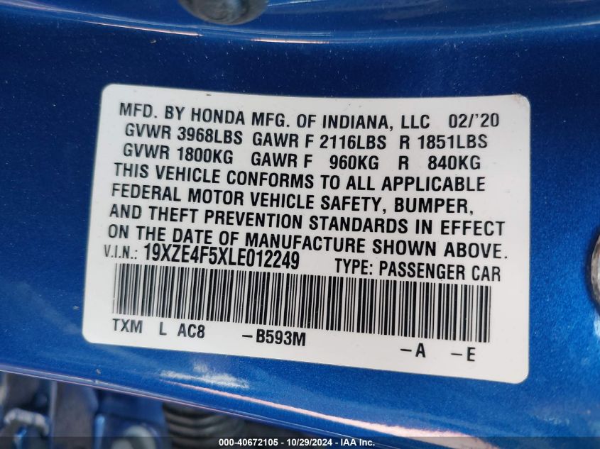 2020 Honda Insight Ex VIN: 19XZE4F5XLE012249 Lot: 40672105