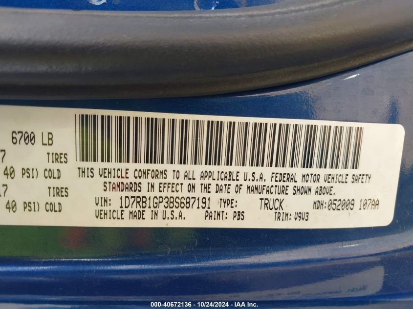 2011 Dodge Ram 1500 VIN: 1D7RB1GP3BS687191 Lot: 40672136