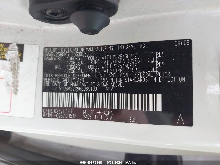 2006 Toyota Sienna Xle Limited VIN: 5TDBA22C96S069400 Lot: 40672140