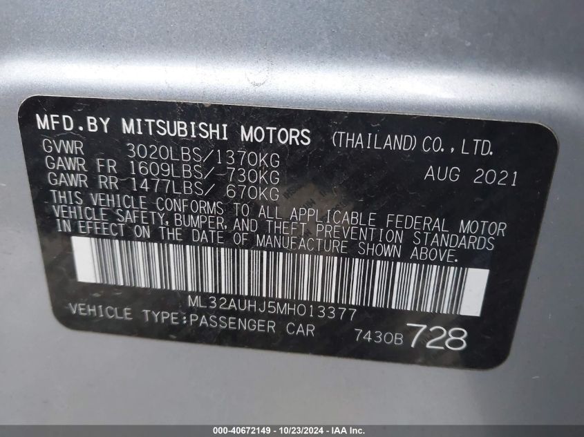 2021 Mitsubishi Mirage Carbonite Edition/Es/Le VIN: ML32AUHJ5MH013377 Lot: 40672149