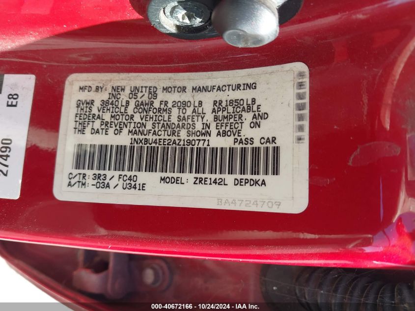 2010 Toyota Corolla Le VIN: 1NXBU4EE2AZ190771 Lot: 40672166