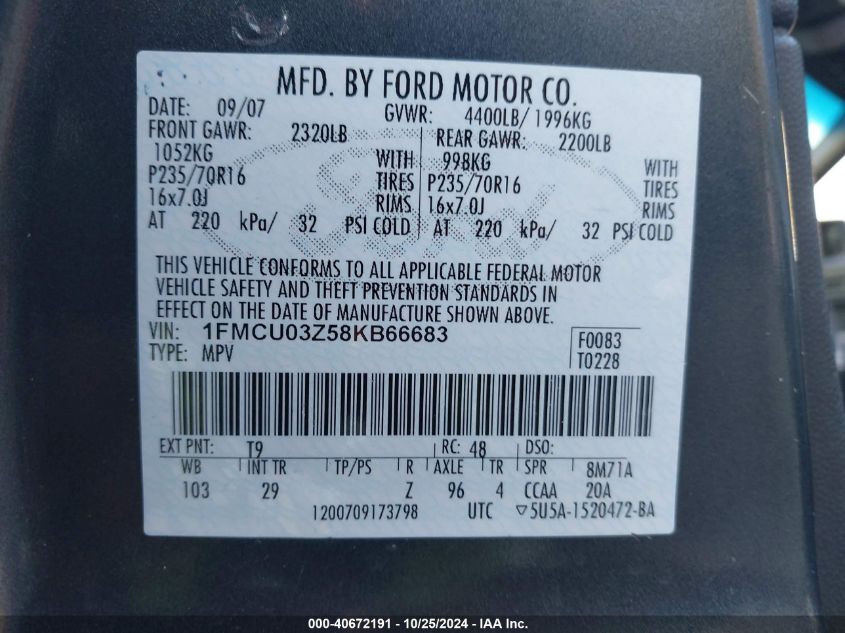 2008 Ford Escape Xlt VIN: 1FMCU03Z58KB66683 Lot: 40672191