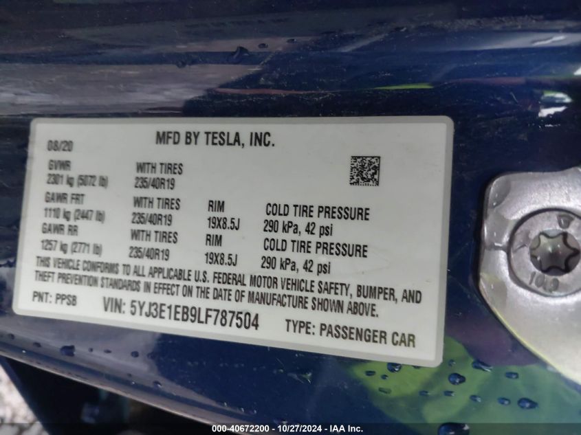 2020 Tesla Model 3 Long Range Dual Motor All-Wheel Drive VIN: 5YJ3E1EB9LF787504 Lot: 40672200