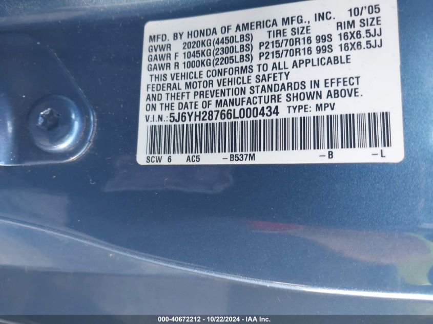 2006 Honda Element Ex-P VIN: 5J6YH28766L000434 Lot: 40672212