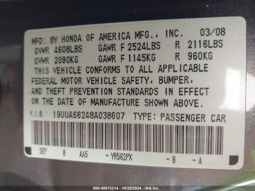 2008 Acura Tl 3.2 VIN: 19UUA66248A038607 Lot: 40672214