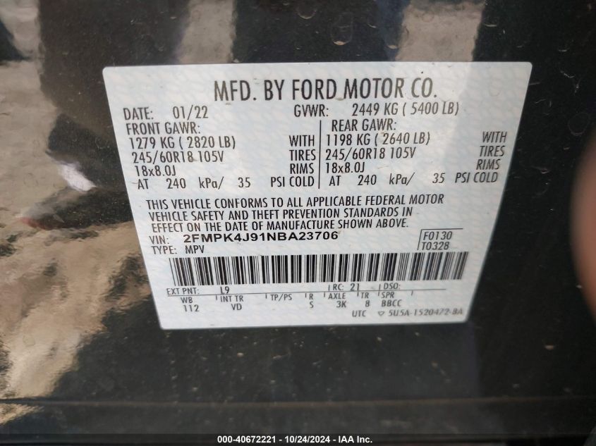 2022 Ford Edge Sel VIN: 2FMPK4J91NBA23706 Lot: 40672221