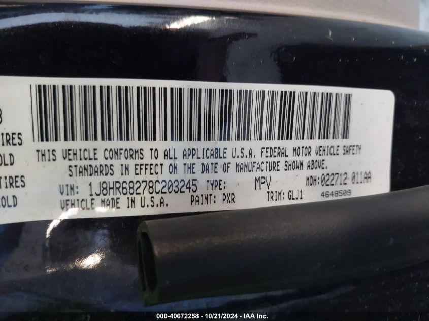 2008 Jeep Grand Cherokee Overland VIN: 1J8HR68278C203245 Lot: 40672258