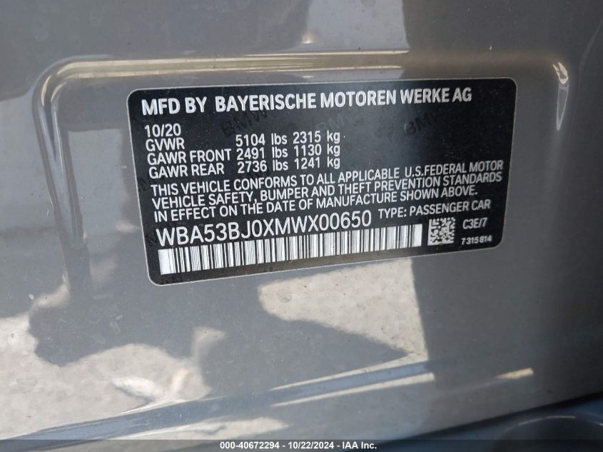 2021 BMW 540I VIN: WBA53BJ0XMWX00650 Lot: 40672294