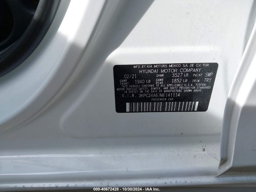 2021 Hyundai Accent Se VIN: 3KPC24A67ME141114 Lot: 40672428