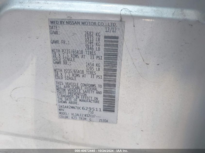 2013 Nissan Pathfinder Sv VIN: 5N1AR2MN7DC629511 Lot: 40672445