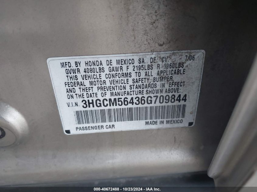 2006 Honda Accord 2.4 Lx VIN: 3HGCM56436G709844 Lot: 40672488