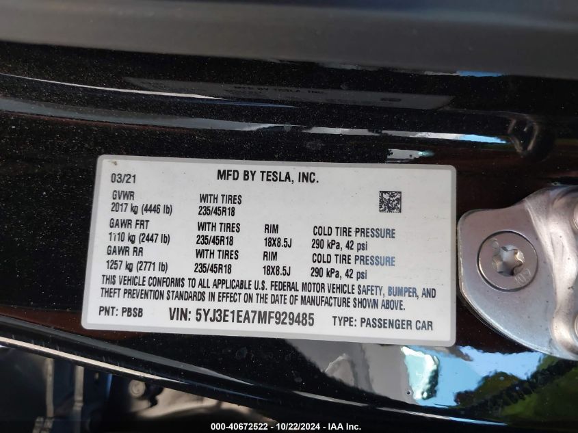 2021 Tesla Model 3 Standard Range Plus Rear-Wheel Drive VIN: 5YJ3E1EA7MF929485 Lot: 40672522