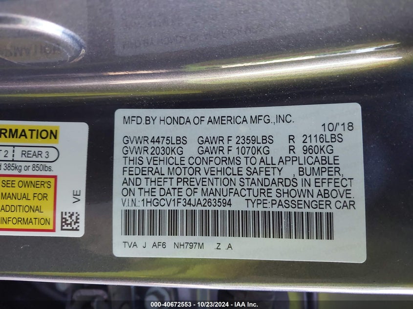 2018 HONDA ACCORD VIN: 1HGCV1F34JA263594