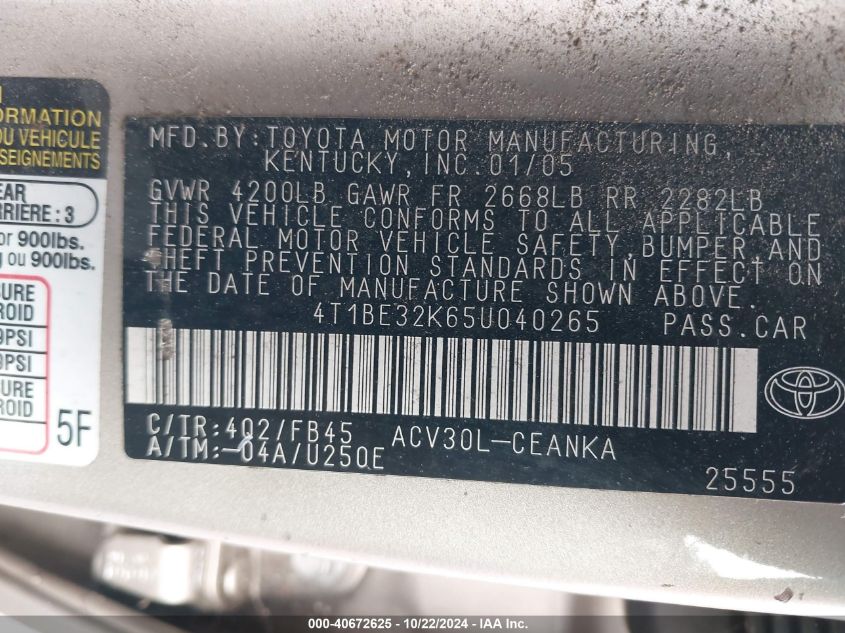 2005 Toyota Camry Le VIN: 4T1BE32K65U040265 Lot: 40672625