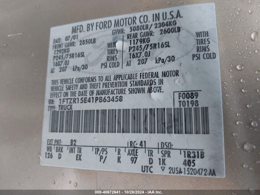 2001 Ford Ranger Edge/Xlt VIN: 1FTZR15E41PB63458 Lot: 40672641