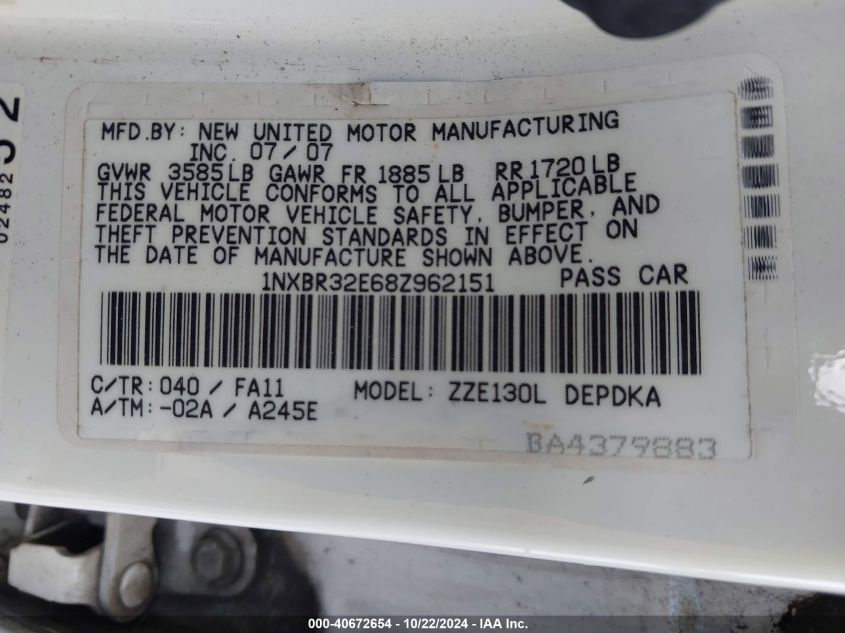 2008 Toyota Corolla Ce VIN: 1NXBR32E68Z962151 Lot: 40672654